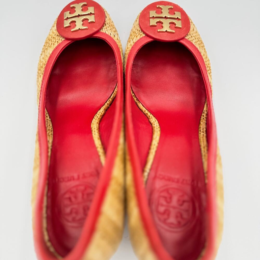 Tory Burch Reva Raffia Wedge Pumps 8M Straw Woven Red Logo Coastal Resort Shoes - Picture 6 of 16